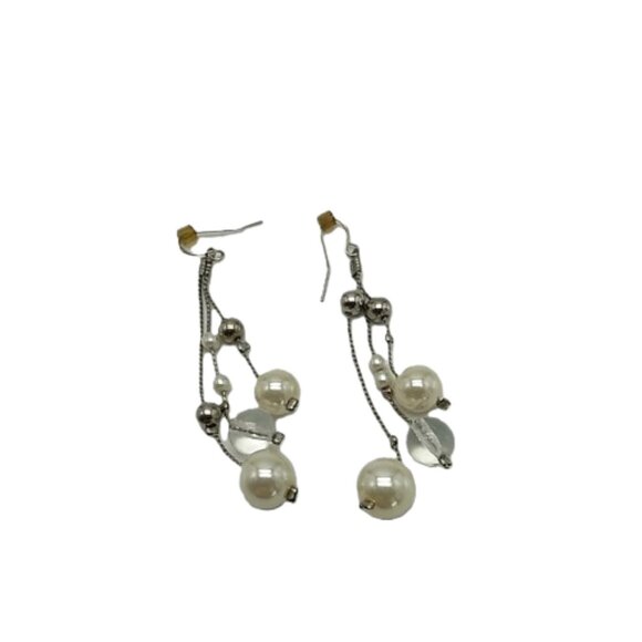 Faux Pearl Clear Bead Silver-tone Dangle Earrings - Picture 6 of 13